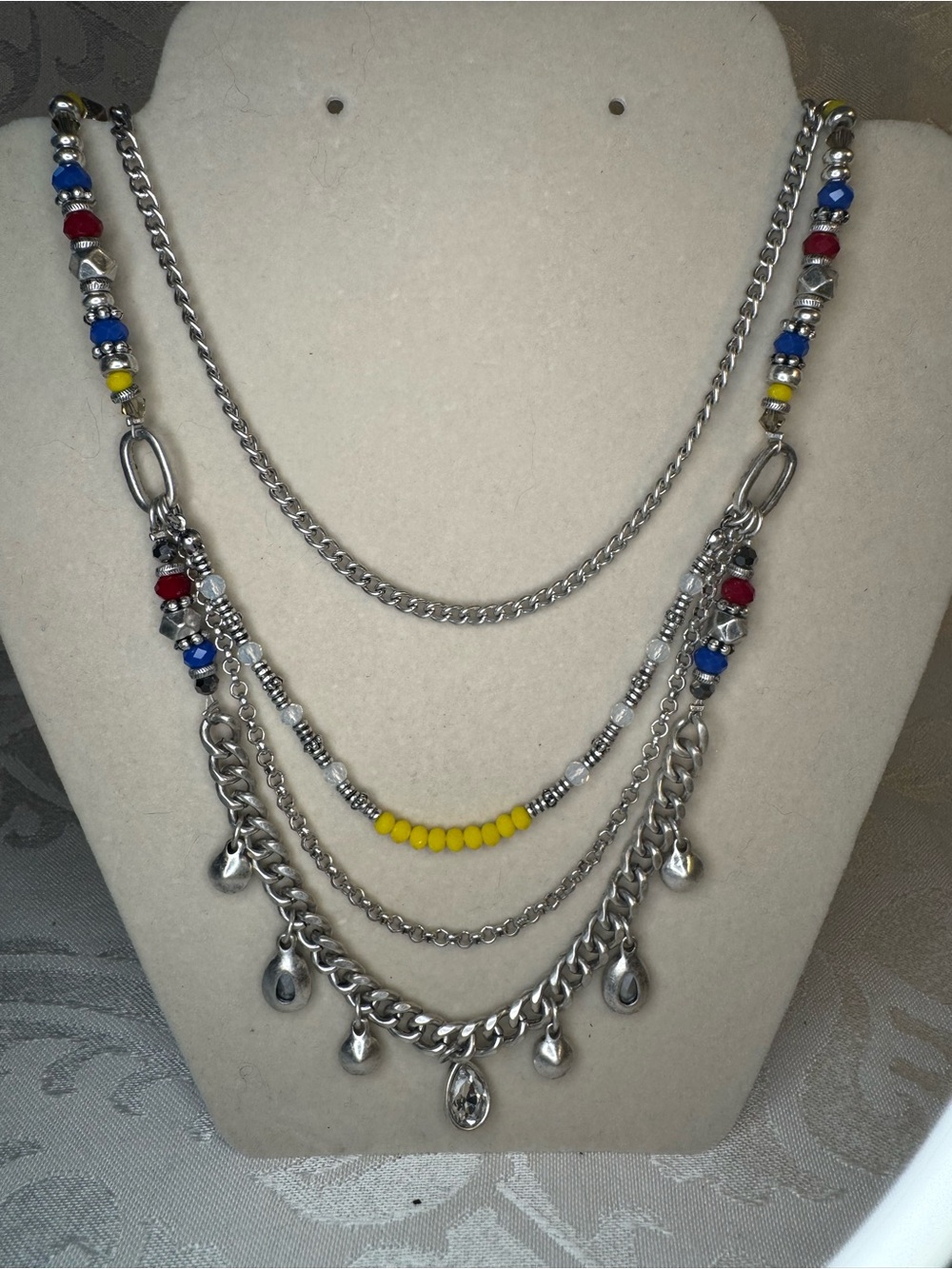 NWOT Premier Designs  Silver-Tone Necklace with Red, Blue & Yellow beads